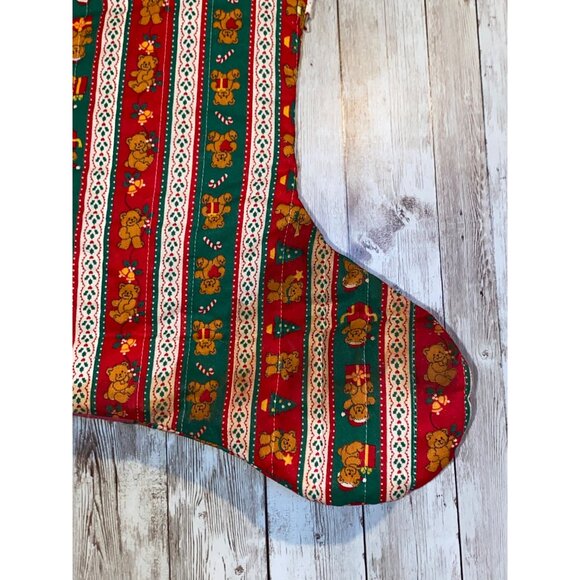Vintage Handmade Teddy Bear Christmas Hanging Stocking w/ Festive Pattern & Bow - Picture 7 of 11